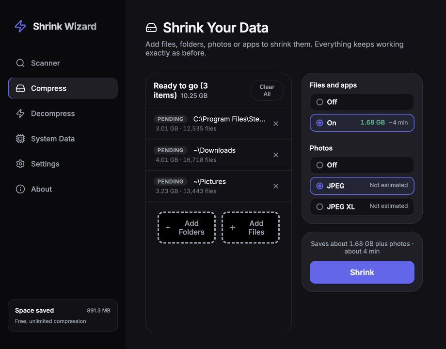 Shrink Wizard for Windows app screenshot